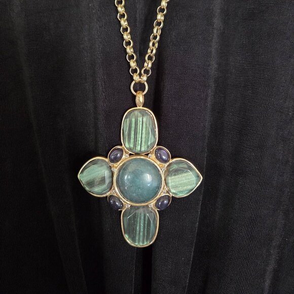 Chico's Goldtone Long Necklace with Chunky Stone Cross Pendant - Picture 2 of 6